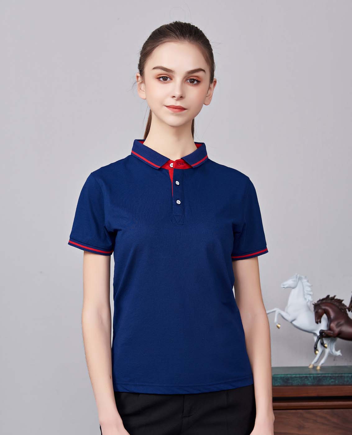 夏季藏藍色男女同款桑蠶絲翻領修身商務休閑T恤衫/polo衫-1878#