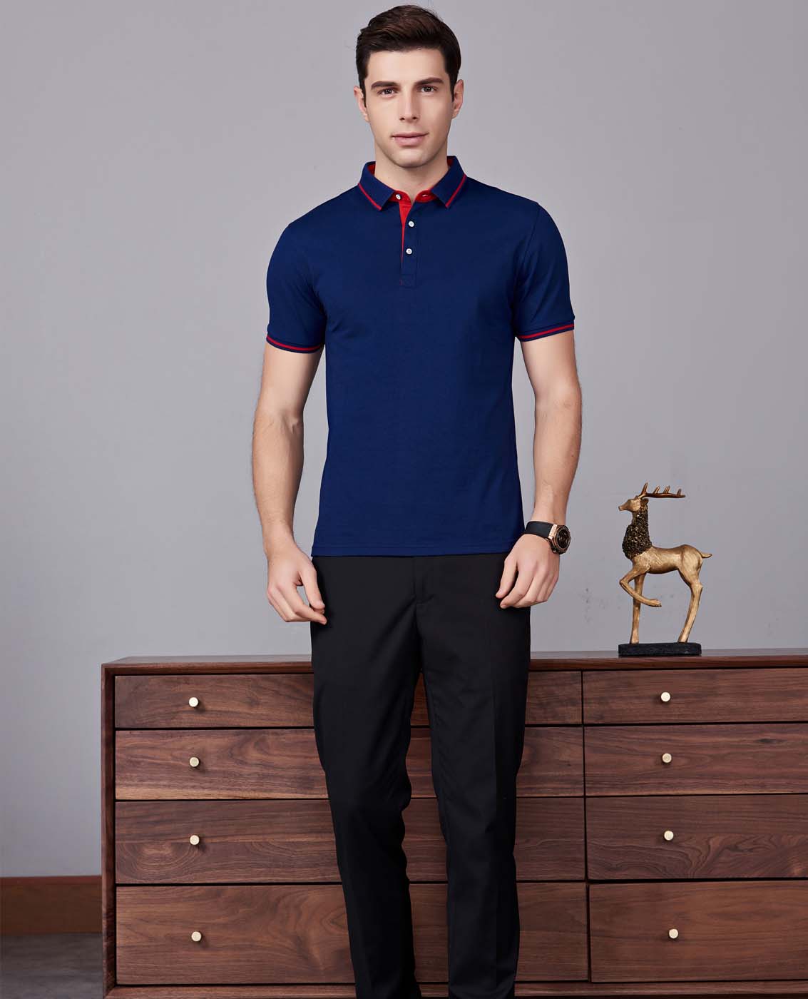 夏季藏藍色男女同款桑蠶絲翻領修身商務休閑T恤衫/polo衫-1878#