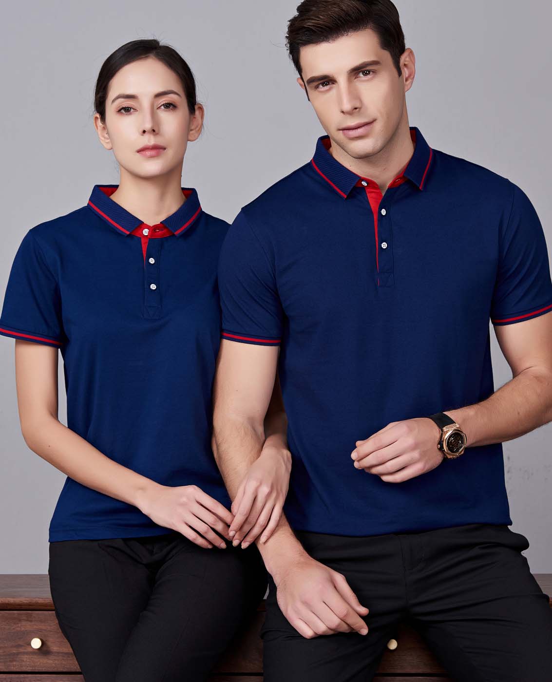 夏季藏藍色男女同款桑蠶絲翻領修身商務休閑T恤衫/polo衫-1878#