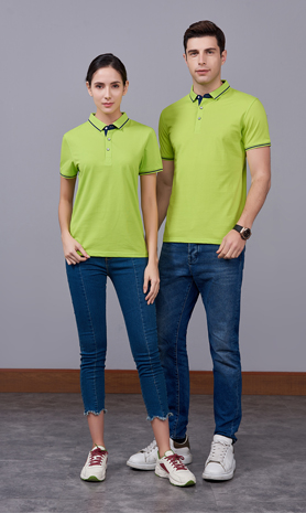 夏季果綠色男女同款桑蠶絲翻領修身休閑T恤衫/polo衫-1878#