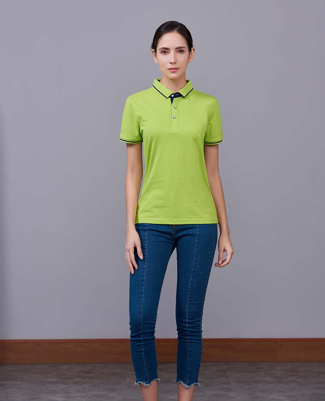 夏季果綠色男女同款桑蠶絲翻領(lǐng)修身休閑T恤衫/polo衫-1878#