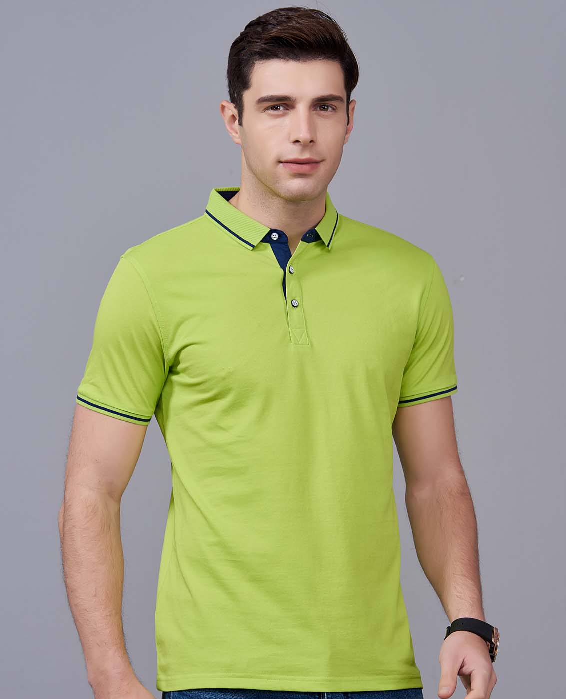 夏季果綠色男女同款桑蠶絲翻領(lǐng)修身休閑T恤衫/polo衫-1878#