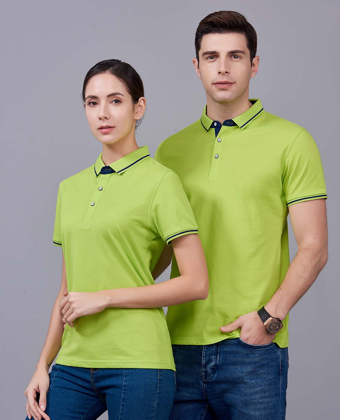 夏季果綠色男女同款桑蠶絲翻領(lǐng)修身休閑T恤衫/polo衫-1878#