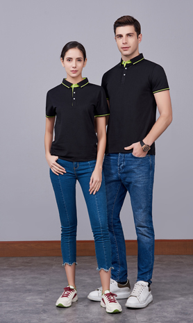 夏季黑色男女同款桑蠶絲翻領修身商務T恤衫/polo衫-1878#