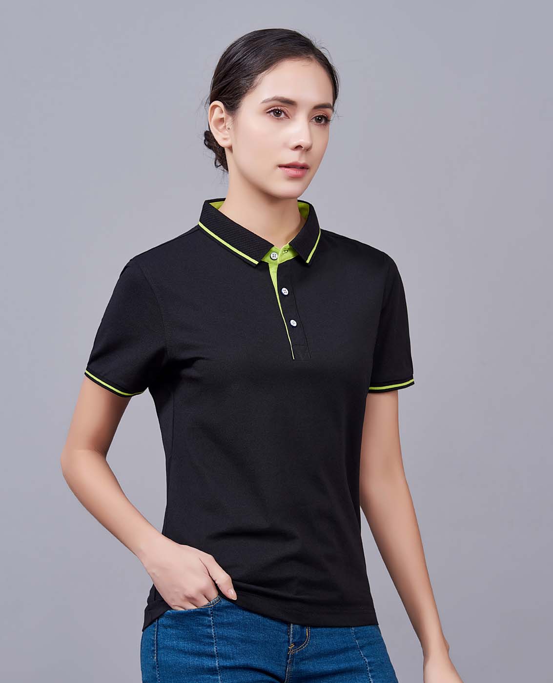 夏季黑色男女同款桑蠶絲翻領修身商務T恤衫/polo衫-1878#