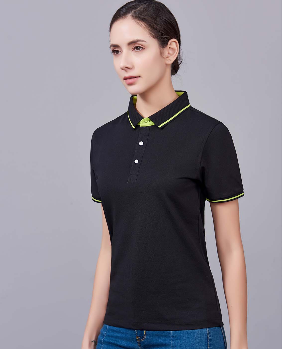 夏季黑色男女同款桑蠶絲翻領修身商務T恤衫/polo衫-1878#