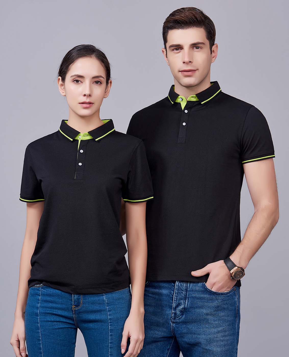 夏季黑色男女同款桑蠶絲翻領修身商務T恤衫/polo衫-1878#