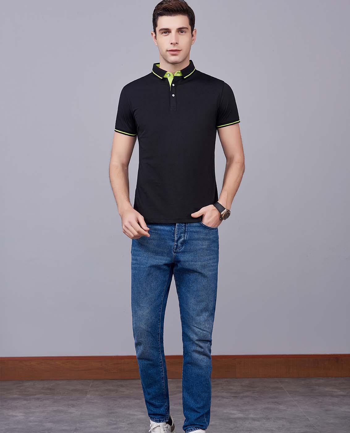 夏季黑色男女同款桑蠶絲翻領修身商務T恤衫/polo衫-1878#