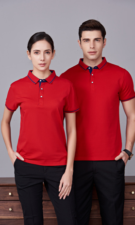 夏季紅色男女同款桑蠶絲翻領修身T恤衫/polo衫-1878#