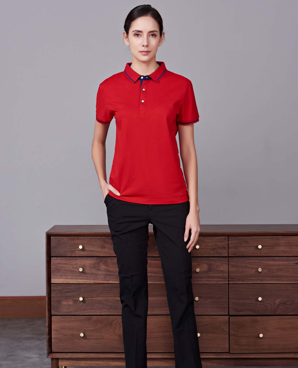 夏季紅色男女同款桑蠶絲翻領修身T恤衫/polo衫-1878#
