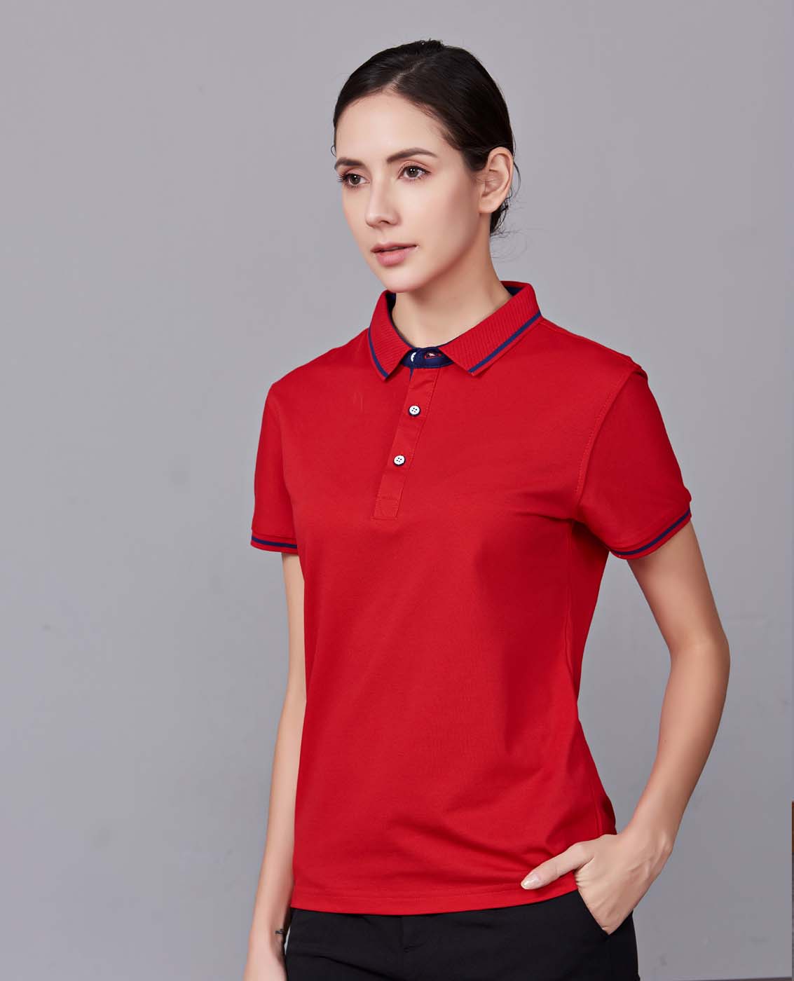 夏季紅色男女同款桑蠶絲翻領修身T恤衫/polo衫-1878#