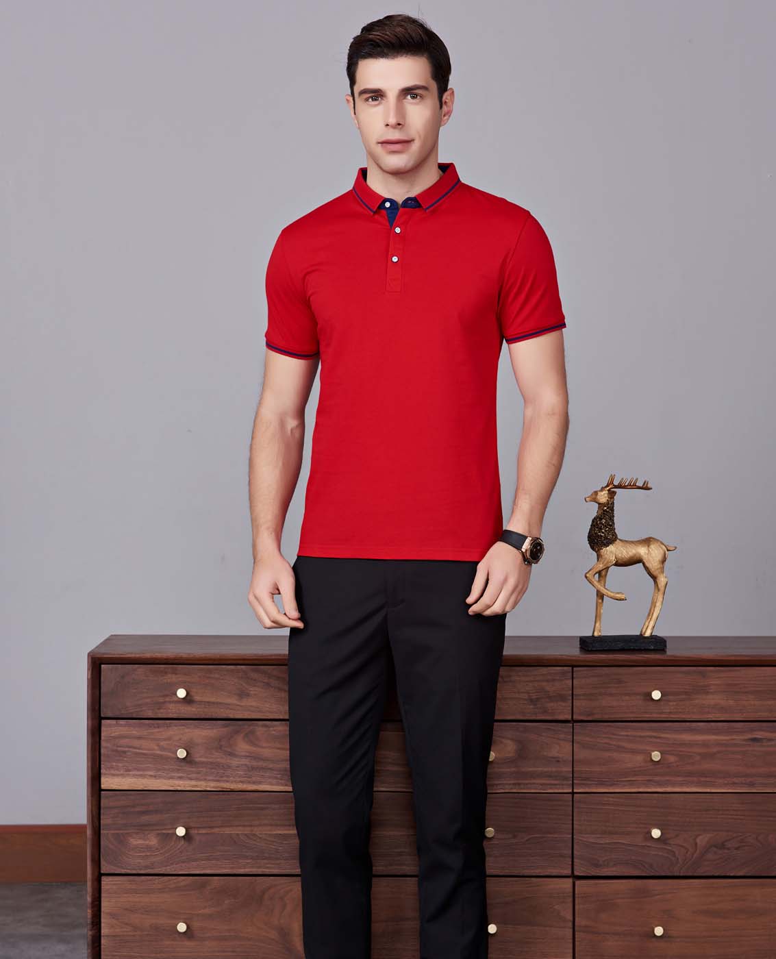夏季紅色男女同款桑蠶絲翻領修身T恤衫/polo衫-1878#