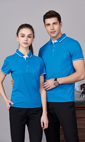 夏季湖藍色男女同款桑蠶絲翻領修身T恤衫/polo衫-1878#