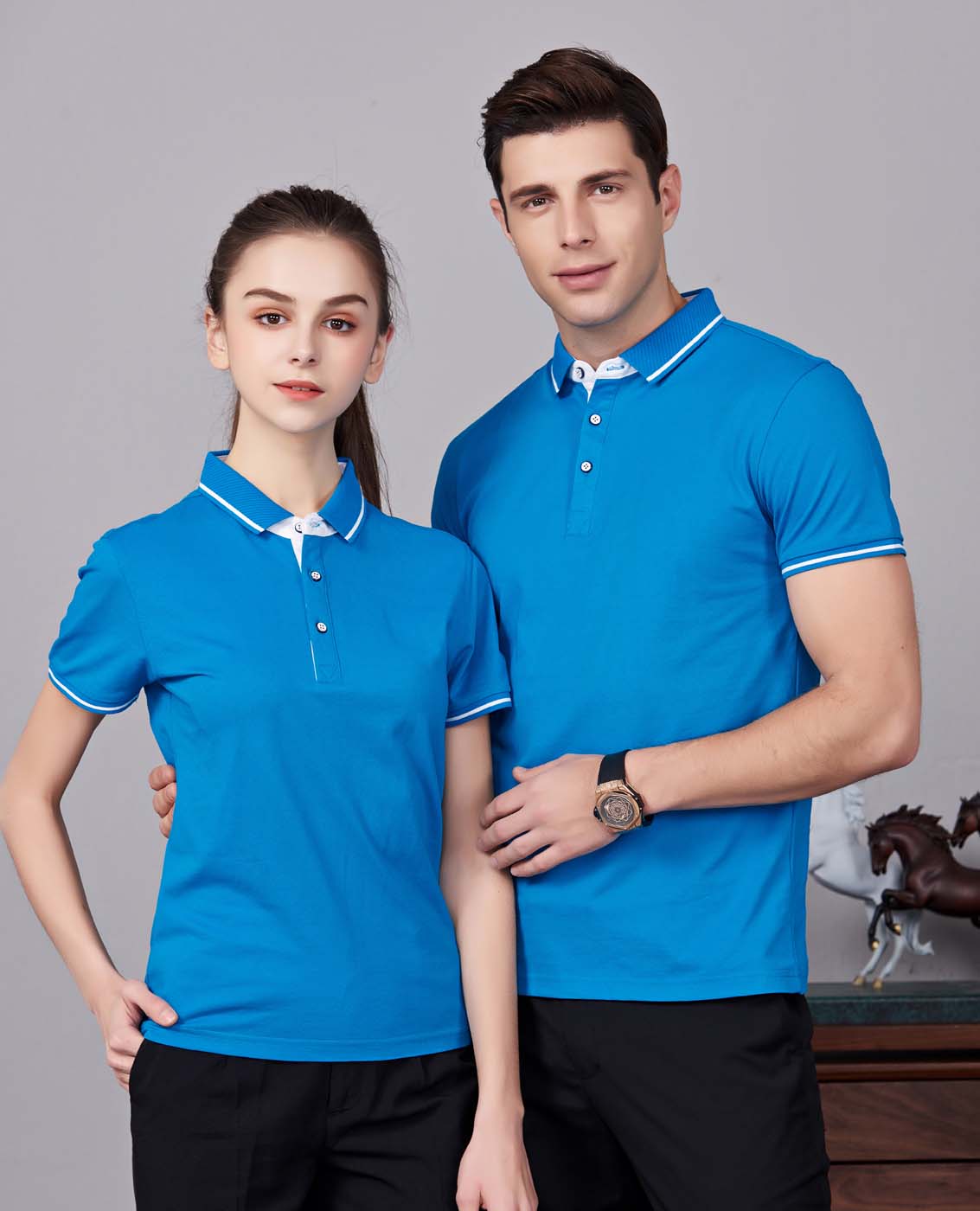 夏季湖藍(lán)色男女同款桑蠶絲翻領(lǐng)修身T恤衫/polo衫-1878#