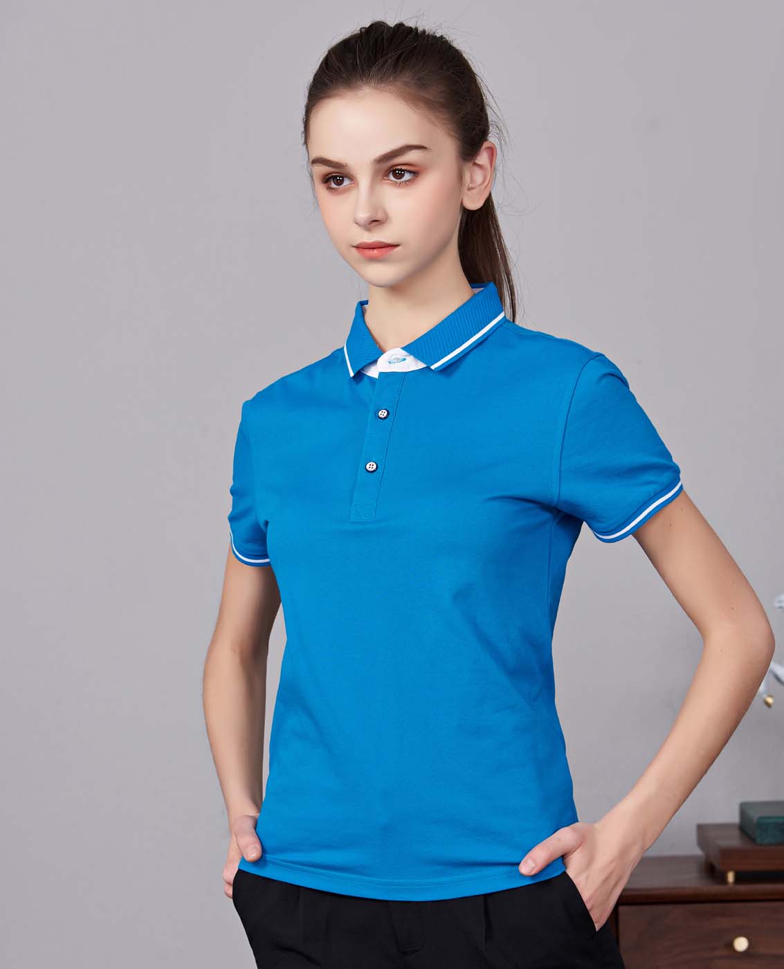 夏季湖藍(lán)色男女同款桑蠶絲翻領(lǐng)修身T恤衫/polo衫-1878#