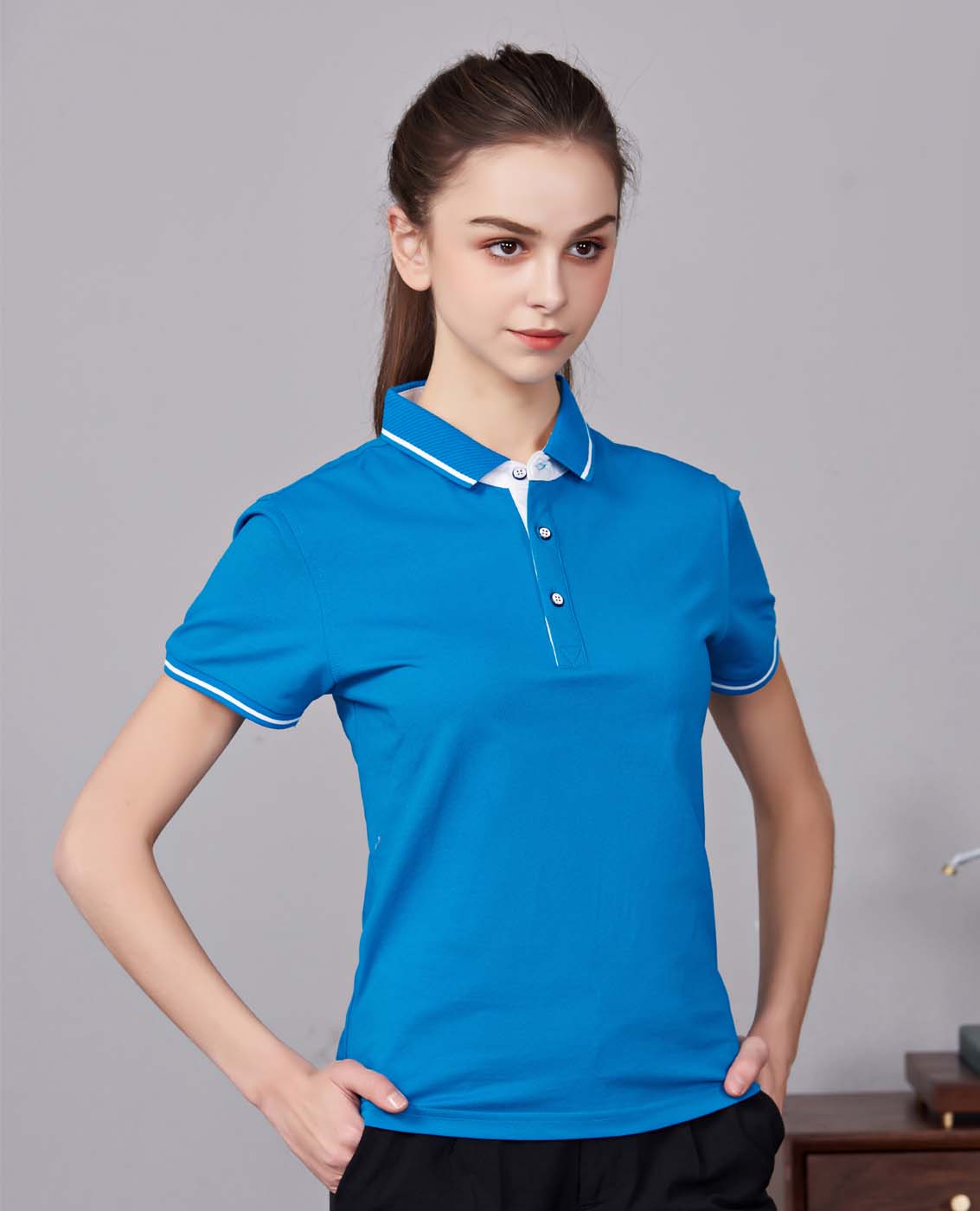 夏季湖藍(lán)色男女同款桑蠶絲翻領(lǐng)修身T恤衫/polo衫-1878#