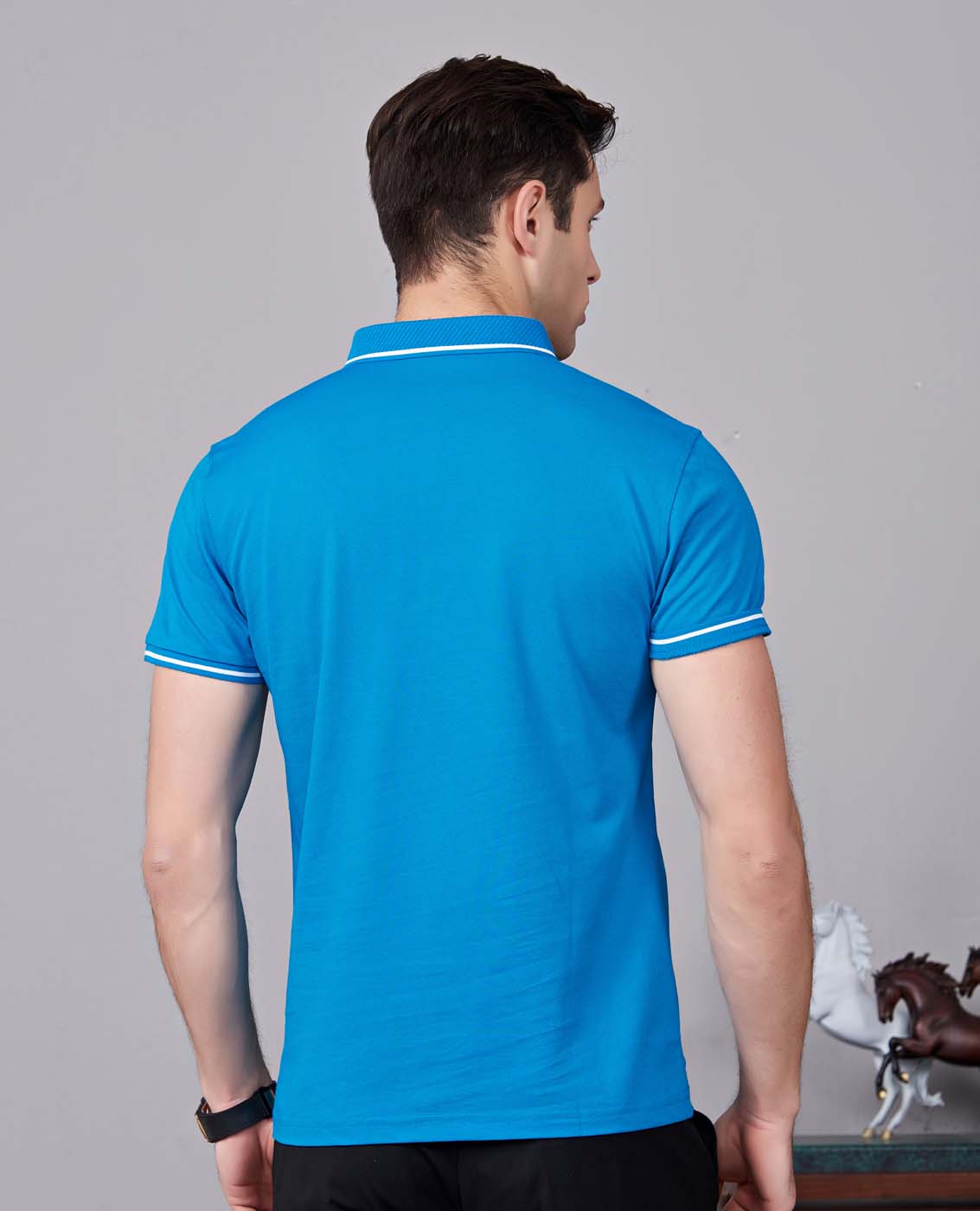 夏季湖藍(lán)色男女同款桑蠶絲翻領(lǐng)修身T恤衫/polo衫-1878#