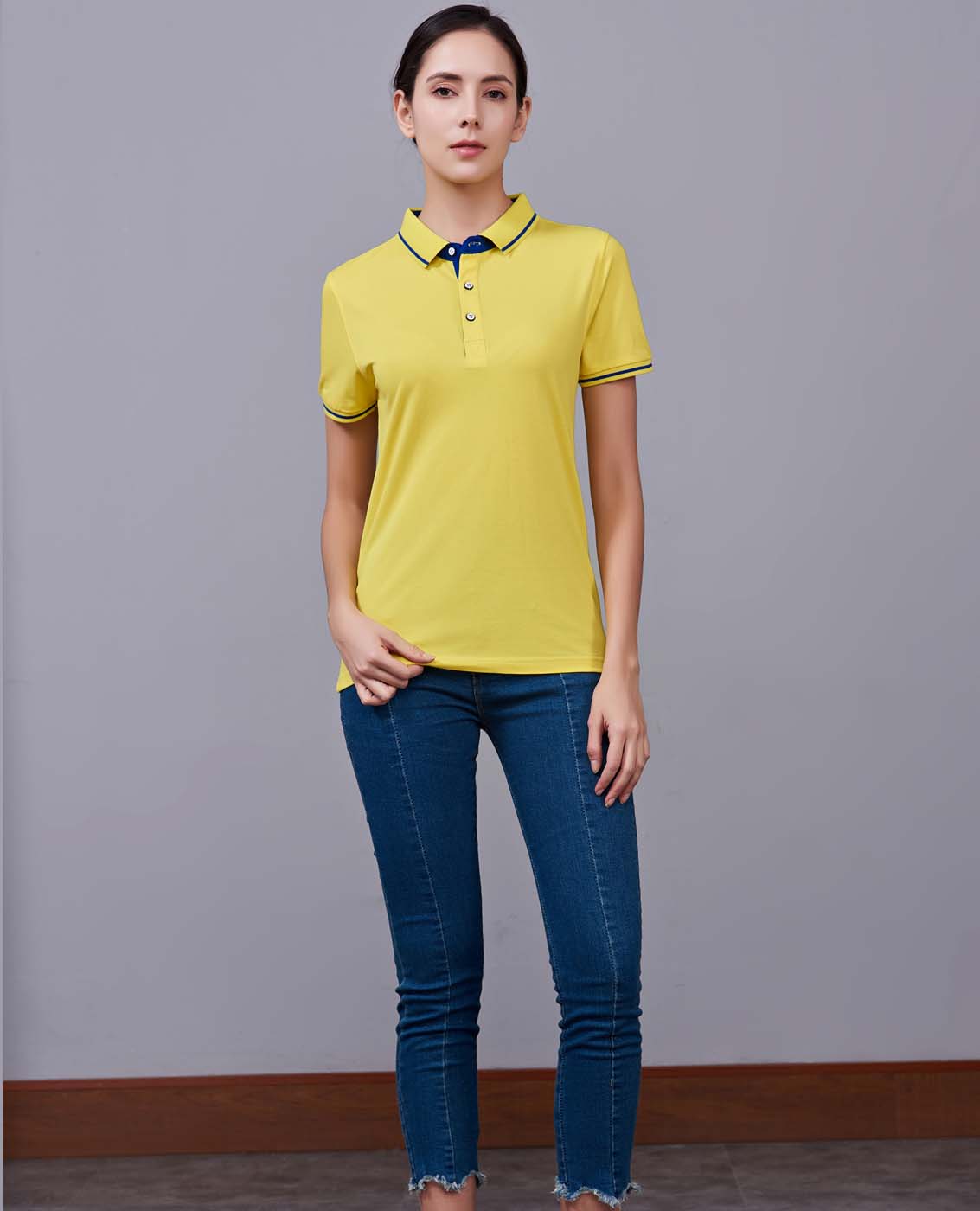 夏季黃色男女同款桑蠶絲翻領修身T恤衫/polo衫-1878#