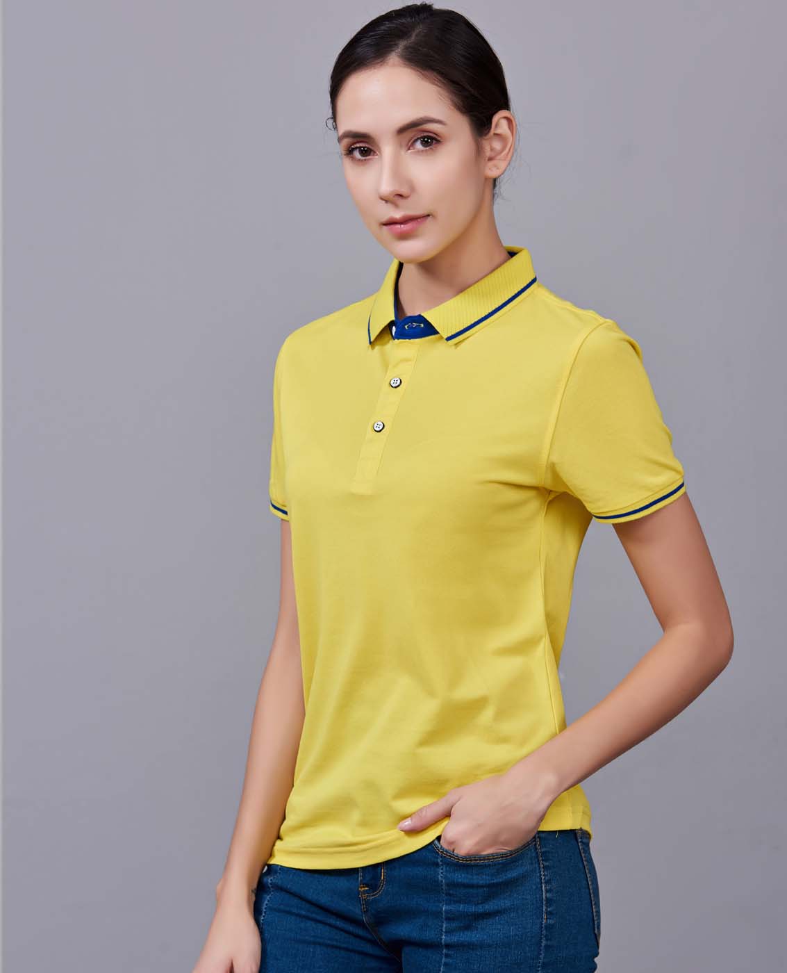 夏季黃色男女同款桑蠶絲翻領修身T恤衫/polo衫-1878#