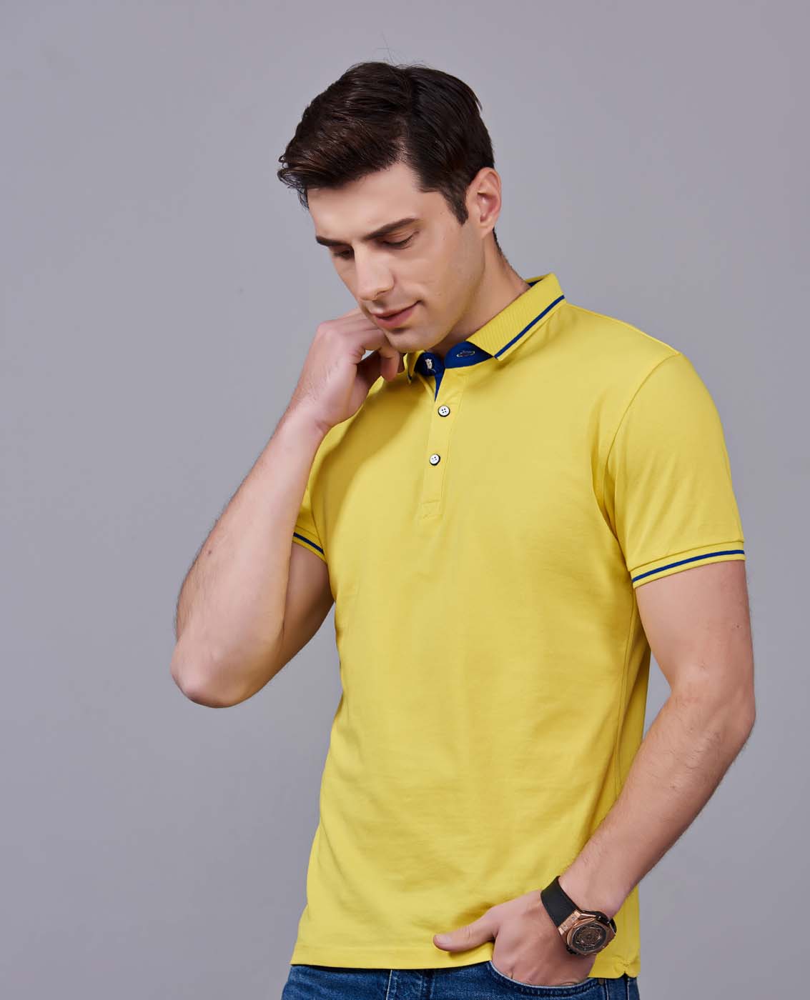 夏季黃色男女同款桑蠶絲翻領修身T恤衫/polo衫-1878#