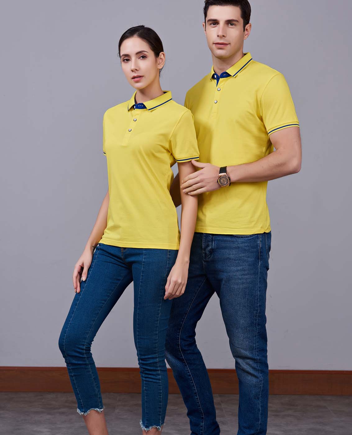 夏季黃色男女同款桑蠶絲翻領修身T恤衫/polo衫-1878#