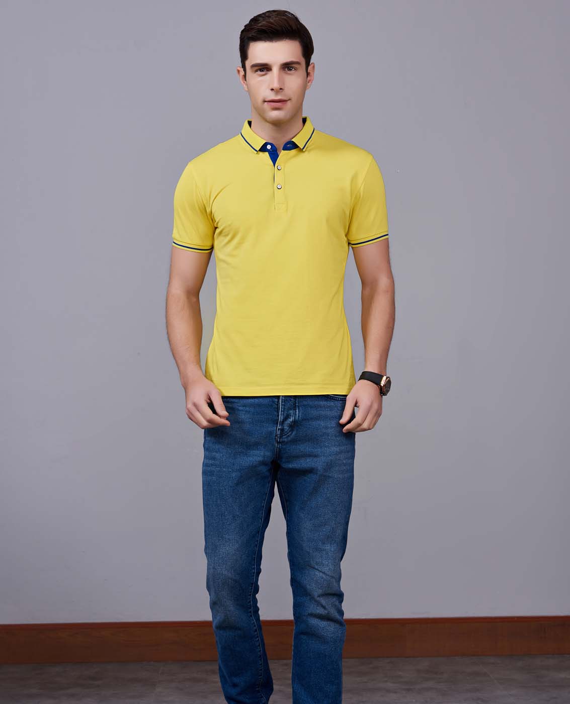 夏季黃色男女同款桑蠶絲翻領修身T恤衫/polo衫-1878#