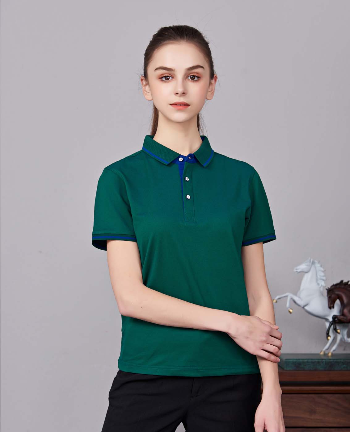 夏季軍綠色男女同款桑蠶絲翻領修身T恤衫/polo衫-1878#