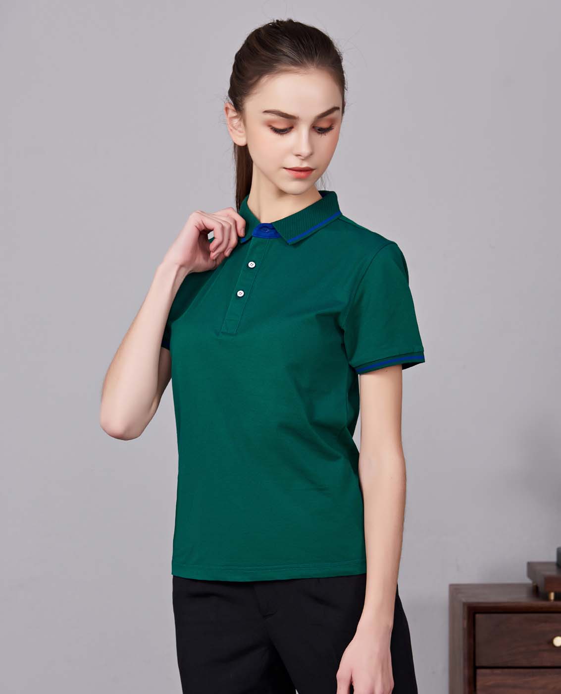 夏季軍綠色男女同款桑蠶絲翻領修身T恤衫/polo衫-1878#