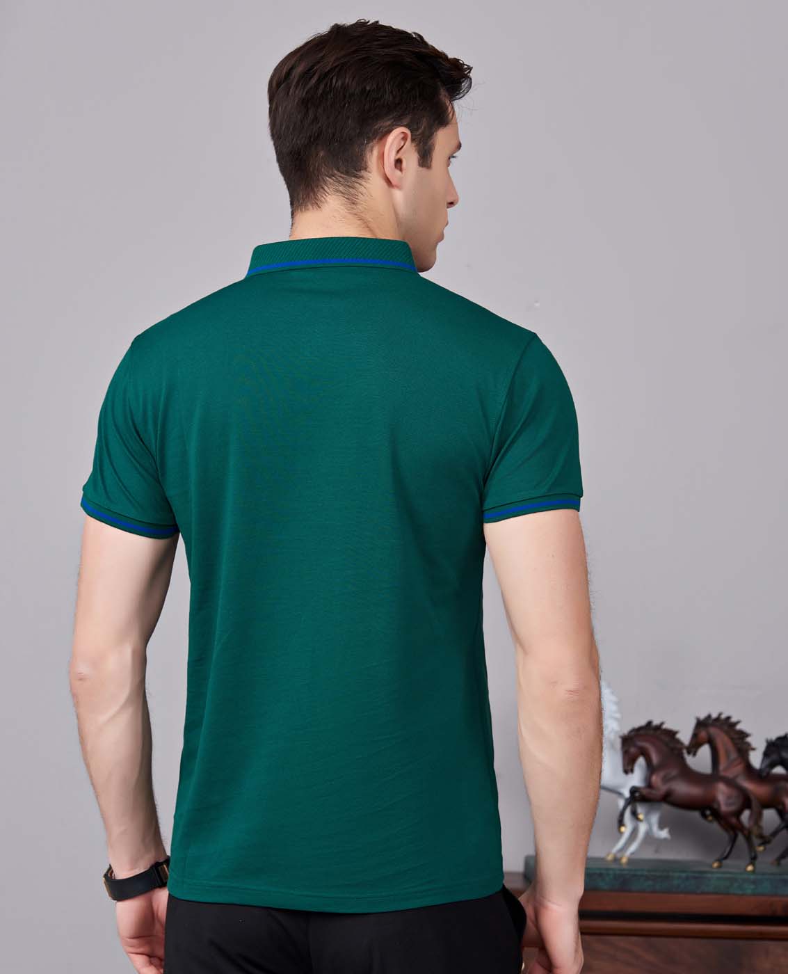 夏季軍綠色男女同款桑蠶絲翻領修身T恤衫/polo衫-1878#