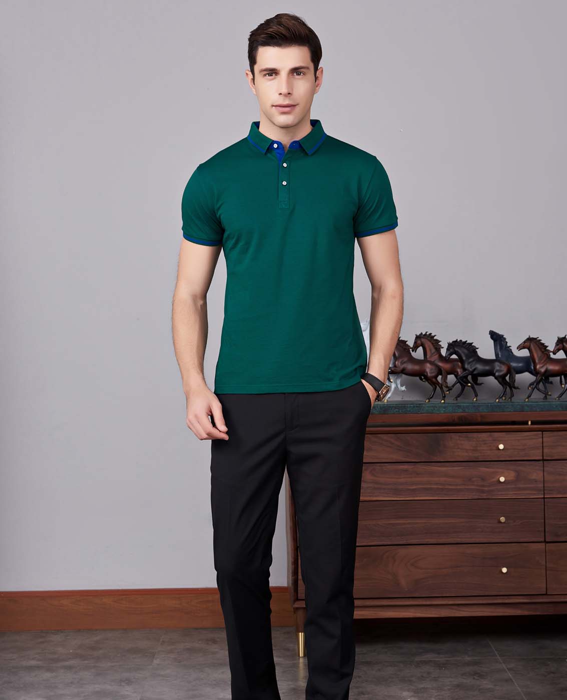 夏季軍綠色男女同款桑蠶絲翻領修身T恤衫/polo衫-1878#