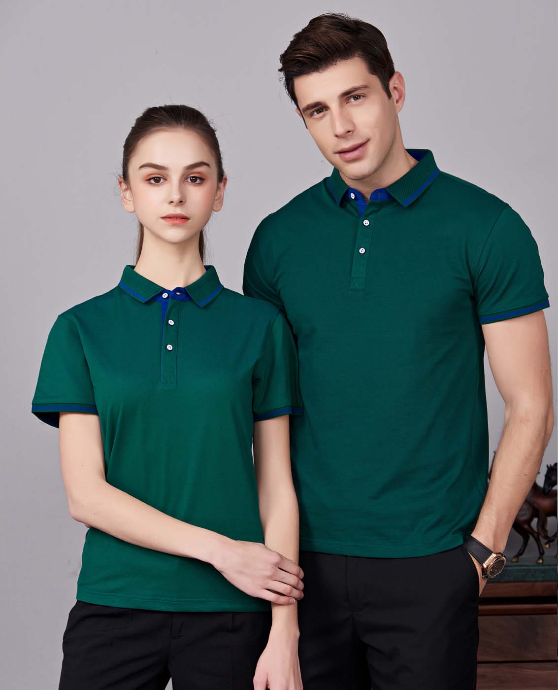 夏季軍綠色男女同款桑蠶絲翻領修身T恤衫/polo衫-1878#