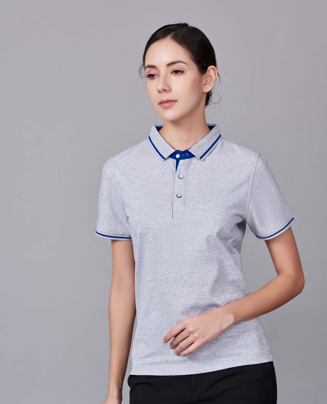 夏季麻灰色男女同款桑蠶絲翻領修身T恤衫/polo衫-1878#
