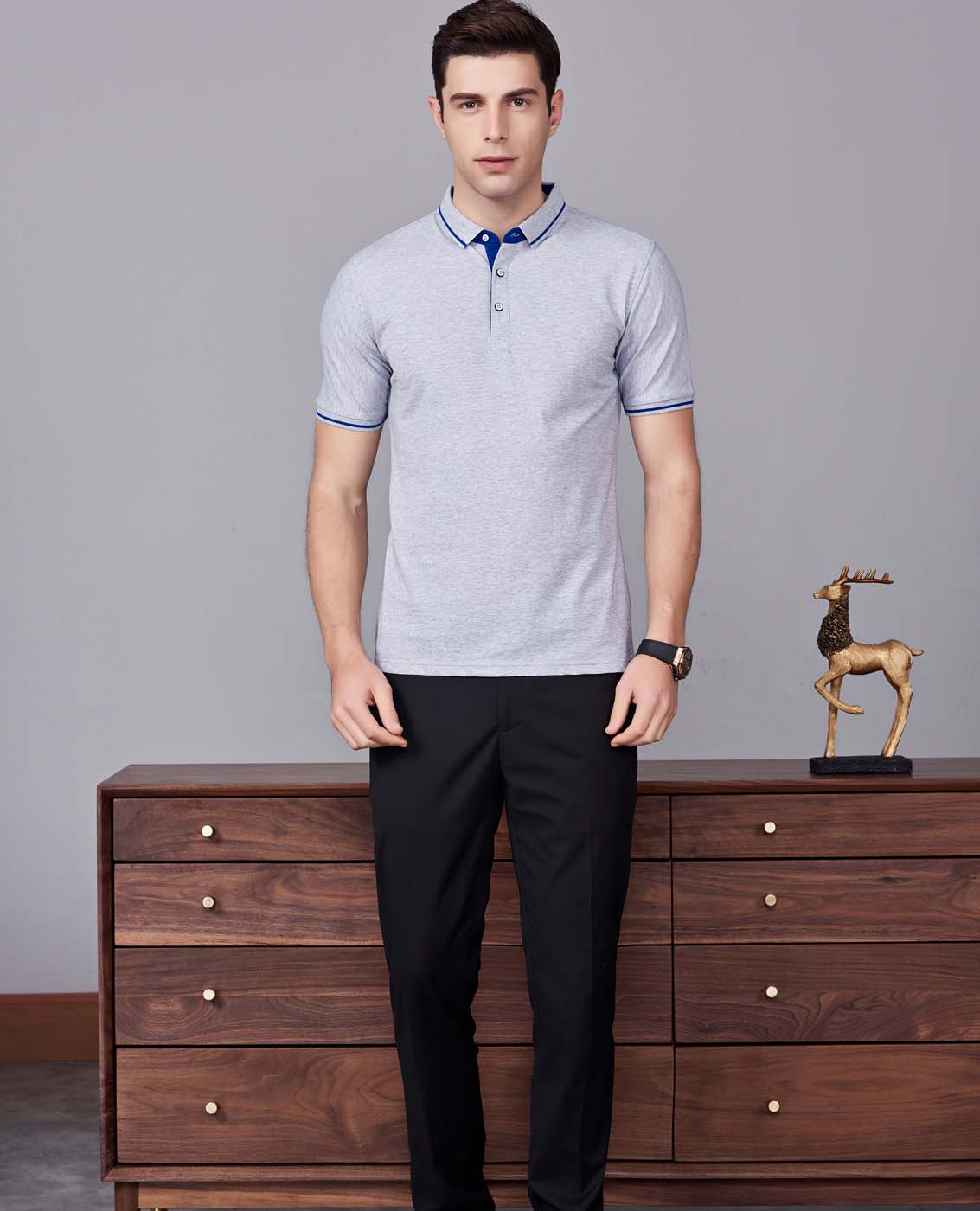 夏季麻灰色男女同款桑蠶絲翻領修身T恤衫/polo衫-1878#