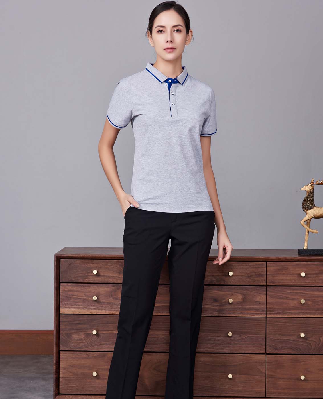 夏季麻灰色男女同款桑蠶絲翻領修身T恤衫/polo衫-1878#