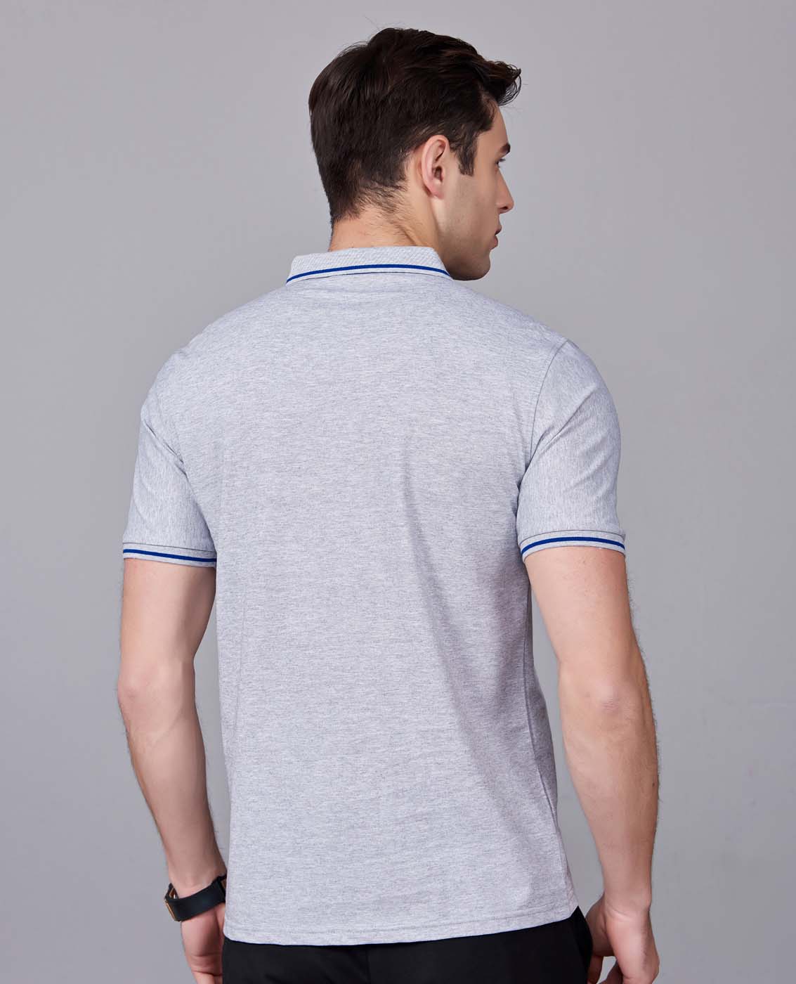 夏季麻灰色男女同款桑蠶絲翻領修身T恤衫/polo衫-1878#