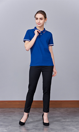 夏季寶藍色男女同款絲綢質感銅氨纖維透氣翻領商務POLO衫/T恤衫-1898#