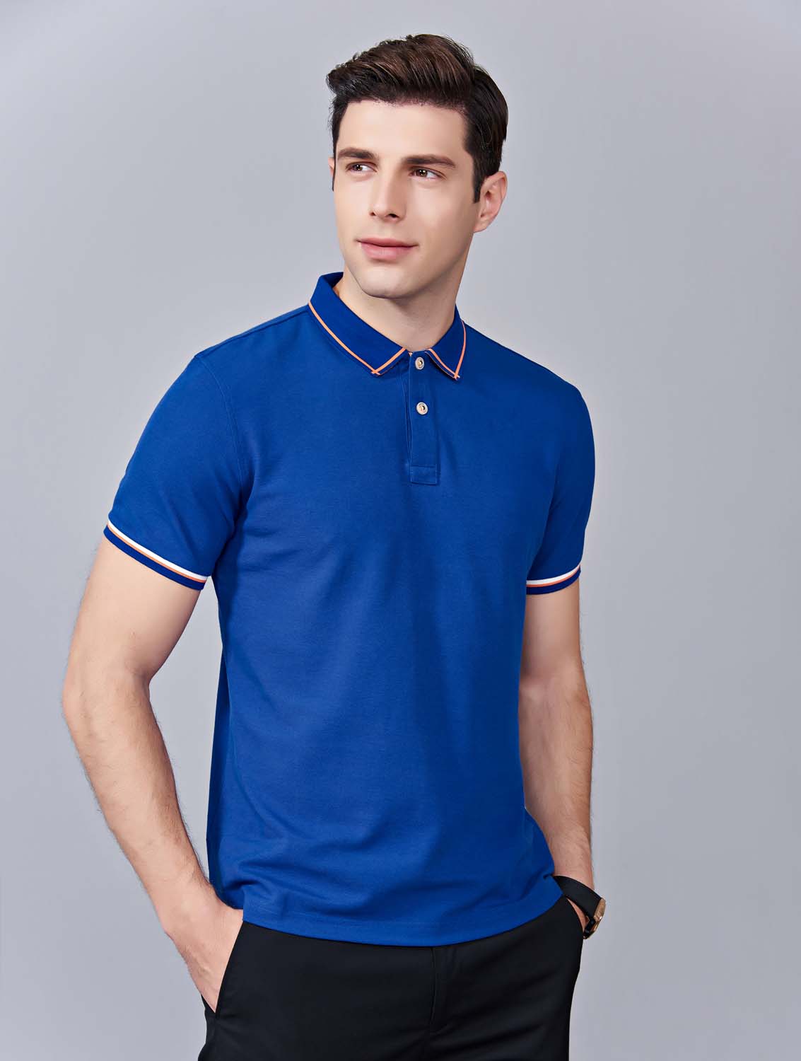 夏季寶藍色男女同款絲綢質感銅氨纖維透氣翻領商務POLO衫/T恤衫-1989#