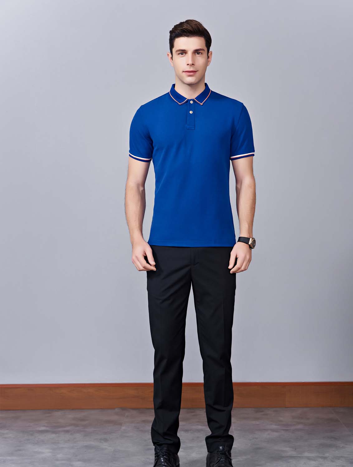 夏季寶藍色男女同款絲綢質感銅氨纖維透氣翻領商務POLO衫/T恤衫-1989#