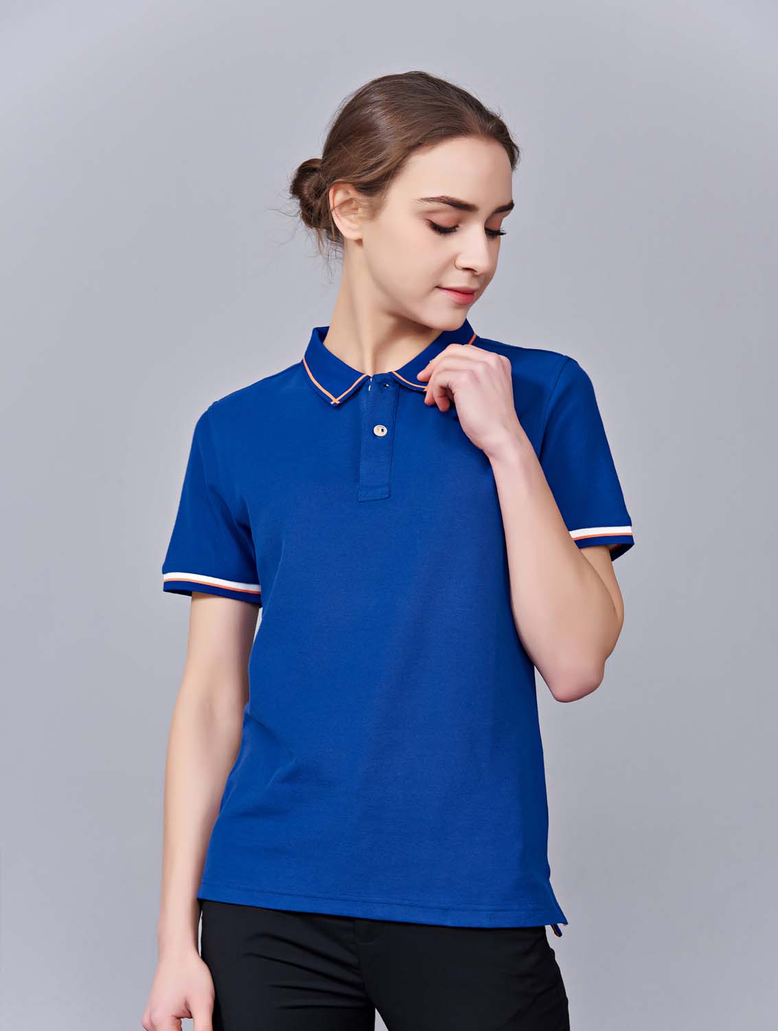 夏季寶藍色男女同款絲綢質感銅氨纖維透氣翻領商務POLO衫/T恤衫-1989#