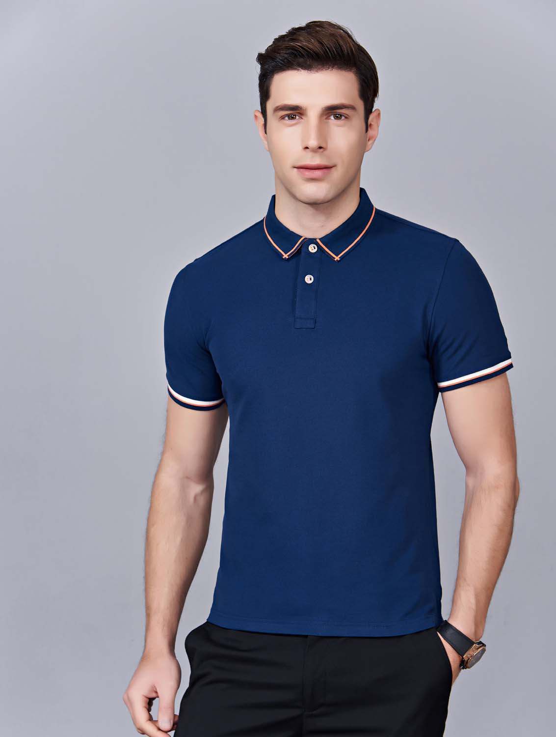 夏季藏藍(lán)色男女同款絲綢質(zhì)感銅氨纖維透氣翻領(lǐng)商務(wù)POLO衫/T恤衫-1898#