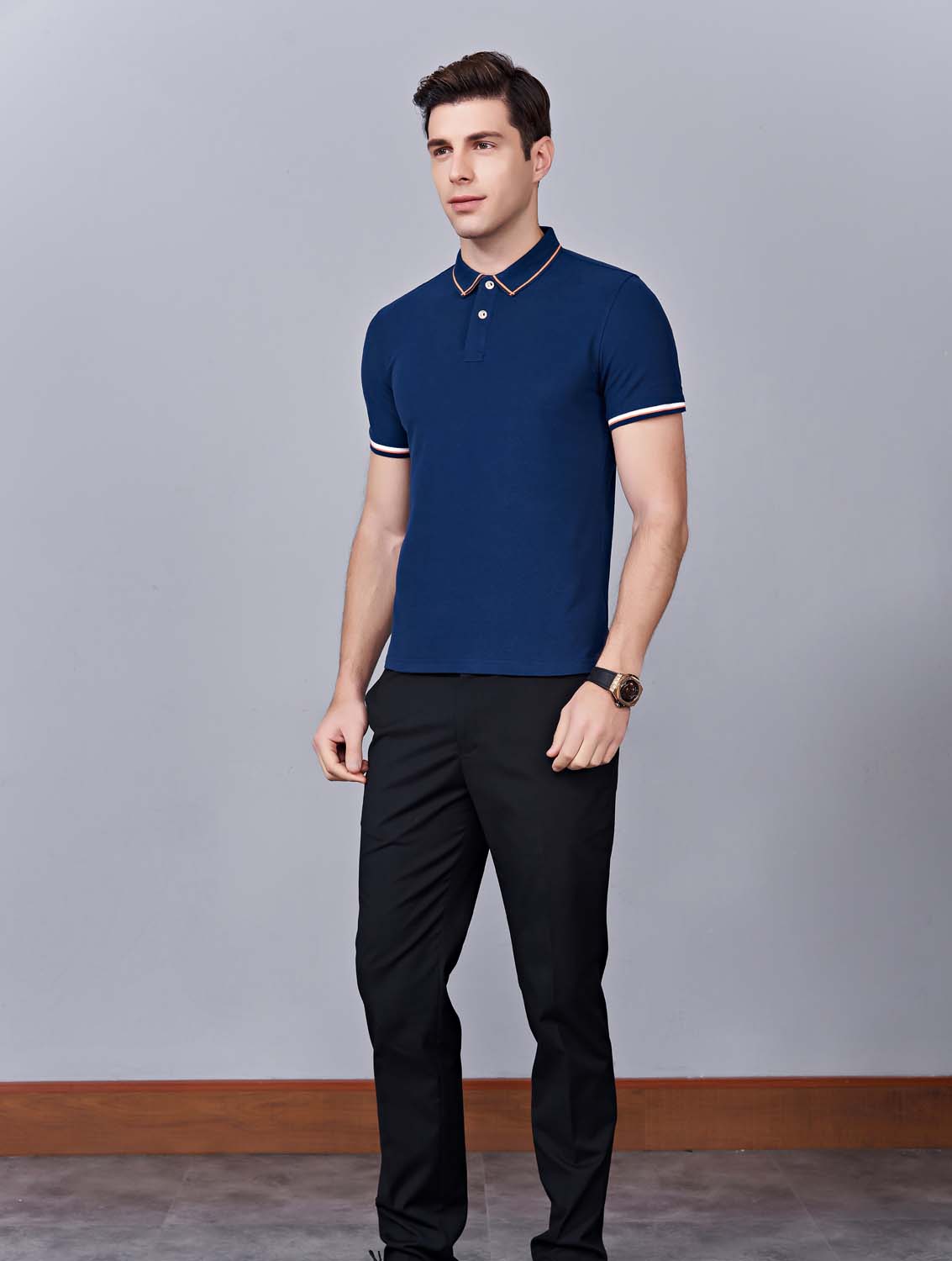 夏季藏藍(lán)色男女同款絲綢質(zhì)感銅氨纖維透氣翻領(lǐng)商務(wù)POLO衫/T恤衫-1898#