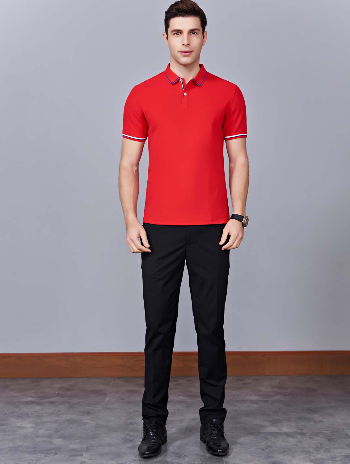 夏季大紅色男女同款絲綢質感透氣翻領商務POLO衫/T恤衫-1898#