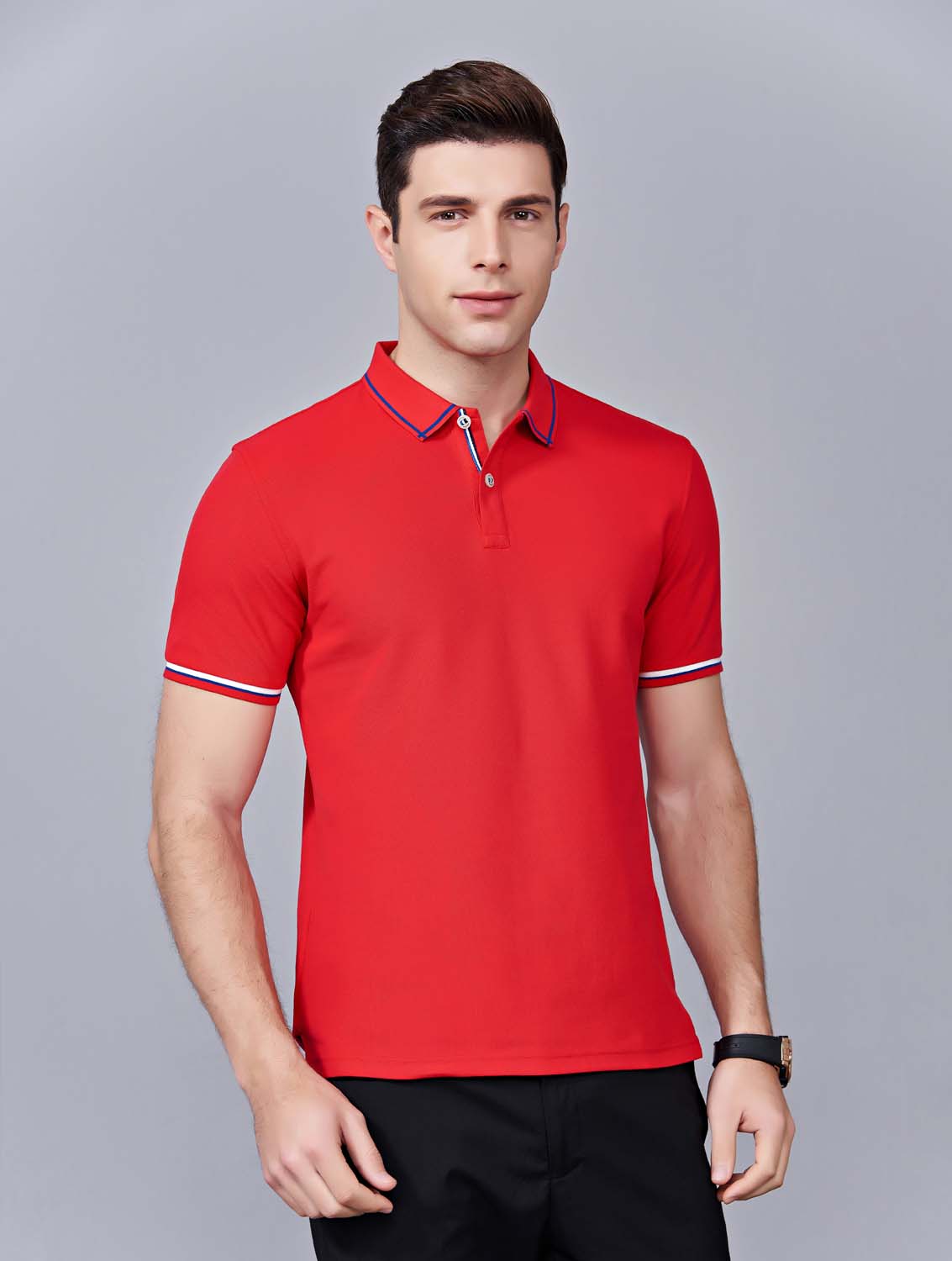 夏季大紅色男女同款絲綢質感透氣翻領商務POLO衫/T恤衫-1898#