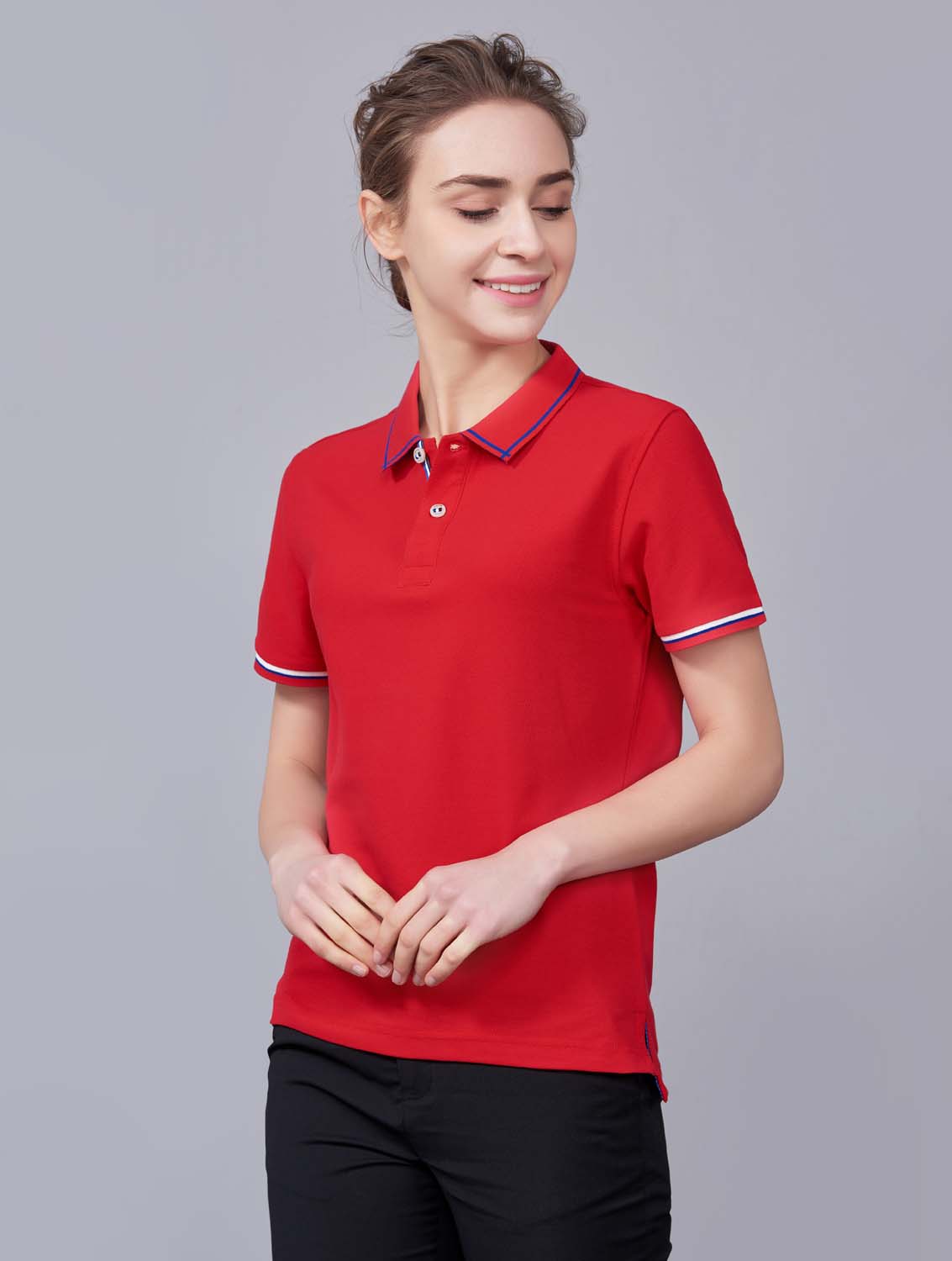 夏季大紅色男女同款絲綢質感透氣翻領商務POLO衫/T恤衫-1898#