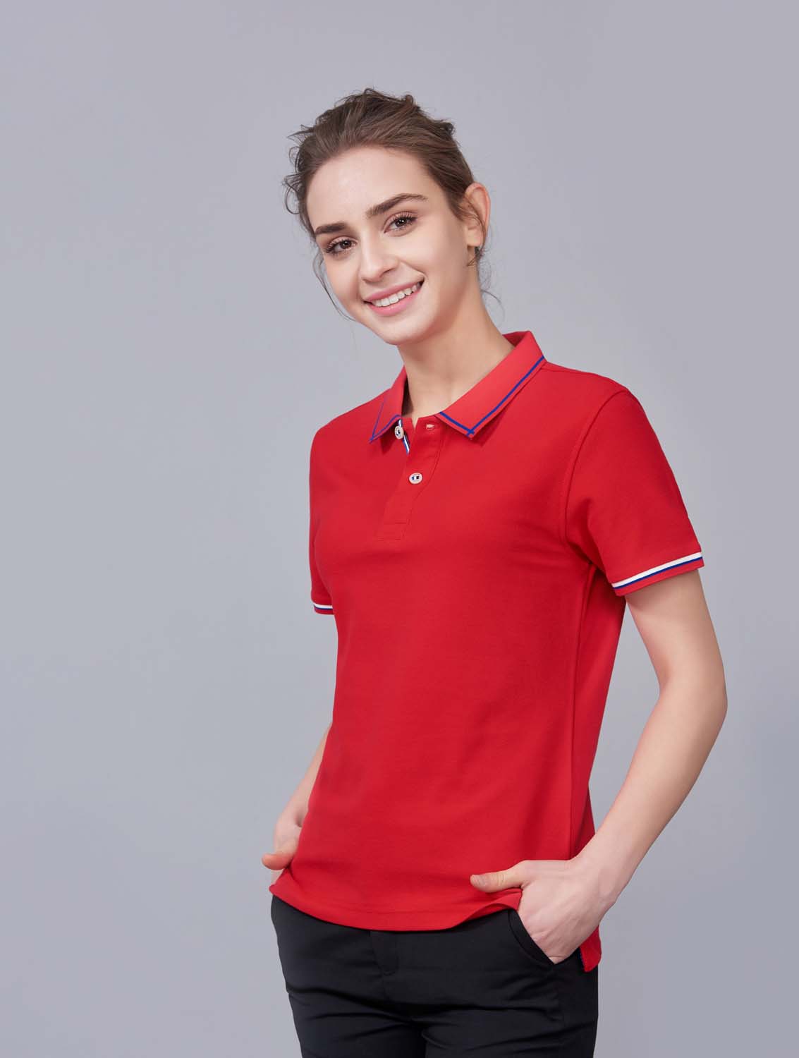 夏季大紅色男女同款絲綢質感透氣翻領商務POLO衫/T恤衫-1898#