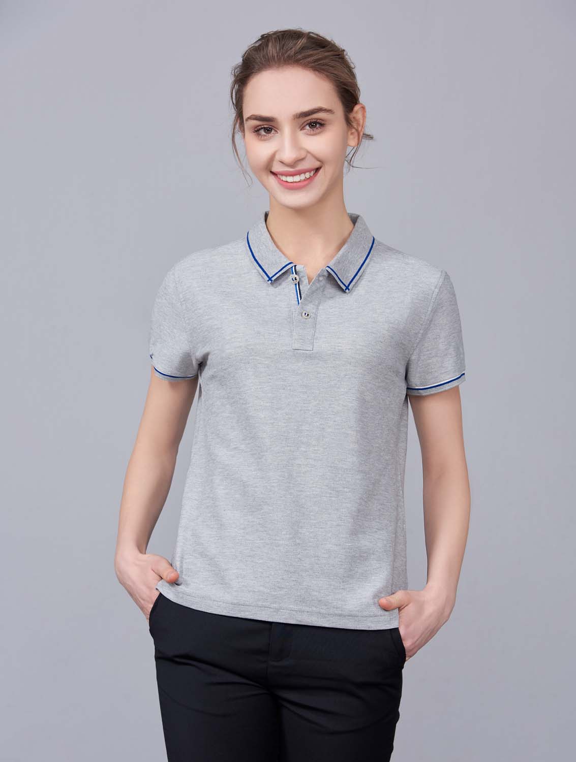 夏季灰色男女同款絲綢質感透氣翻領商務POLO衫/T恤衫-1898#