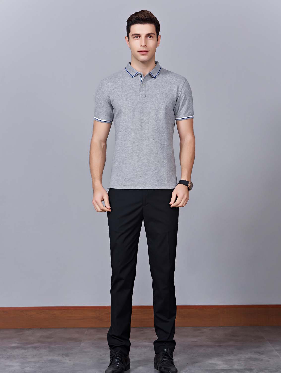 夏季灰色男女同款絲綢質感透氣翻領商務POLO衫/T恤衫-1898#