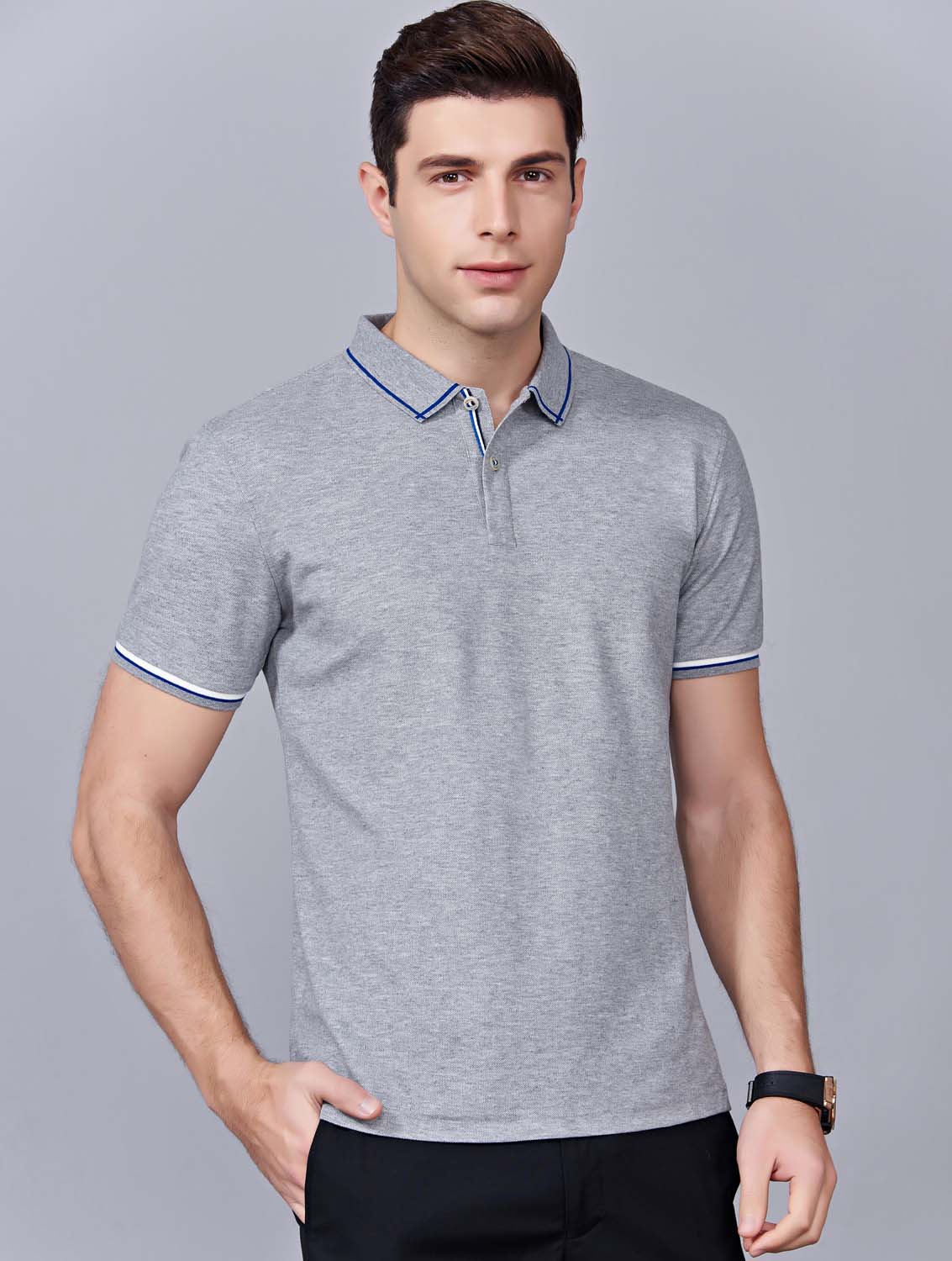 夏季灰色男女同款絲綢質感透氣翻領商務POLO衫/T恤衫-1898#
