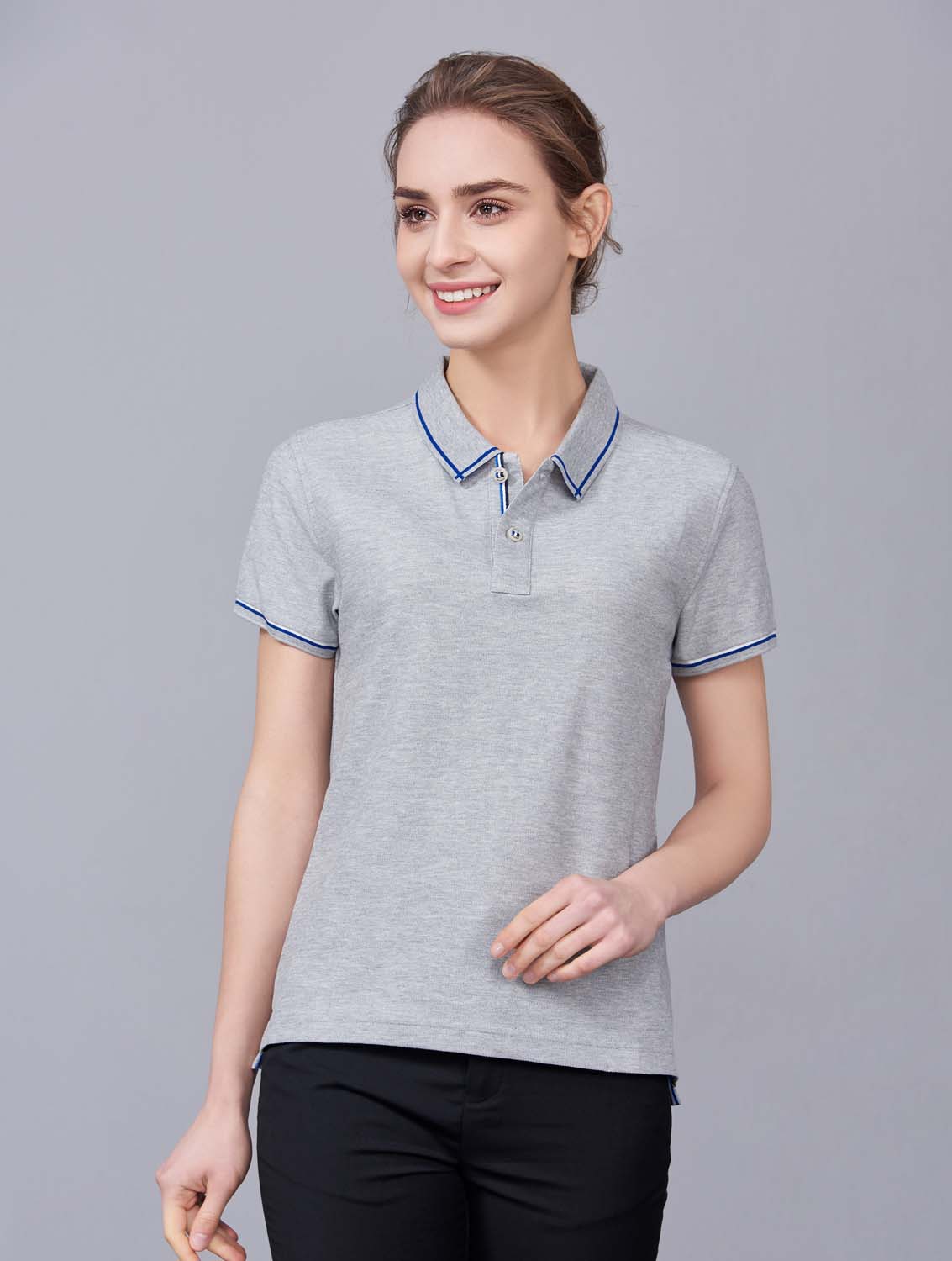 夏季灰色男女同款絲綢質感透氣翻領商務POLO衫/T恤衫-1898#