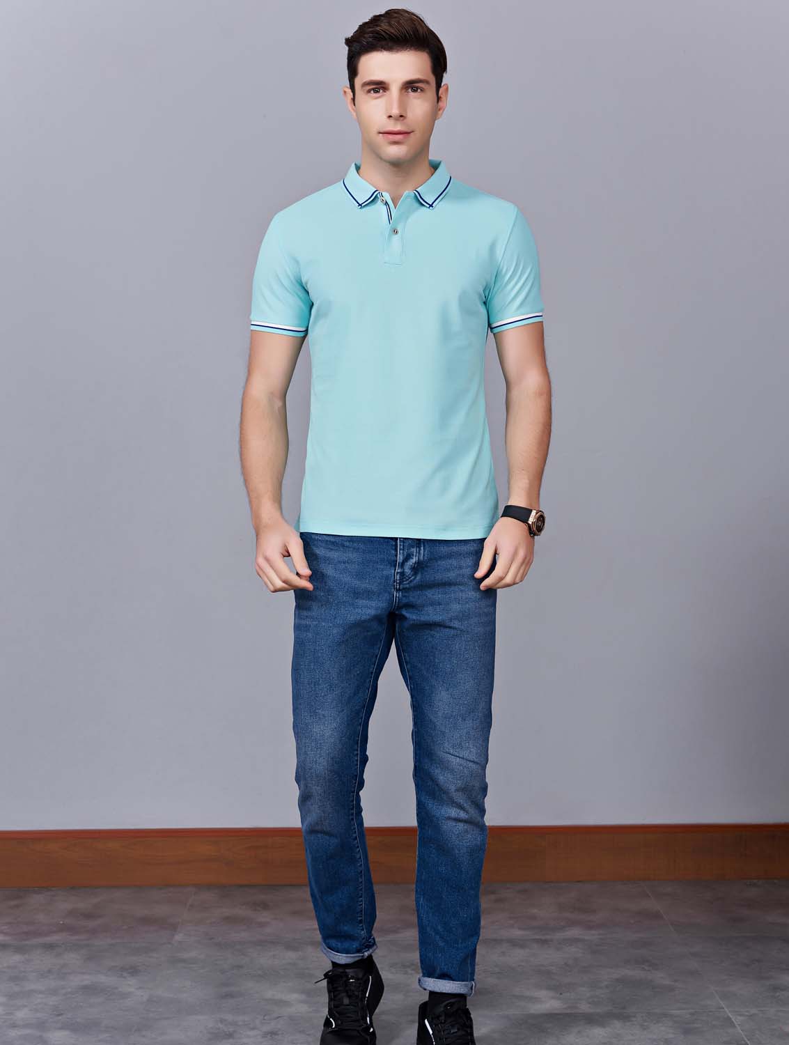 夏季玉綠男女同款絲綢質感透氣翻領商務POLO衫/T恤衫-1898#